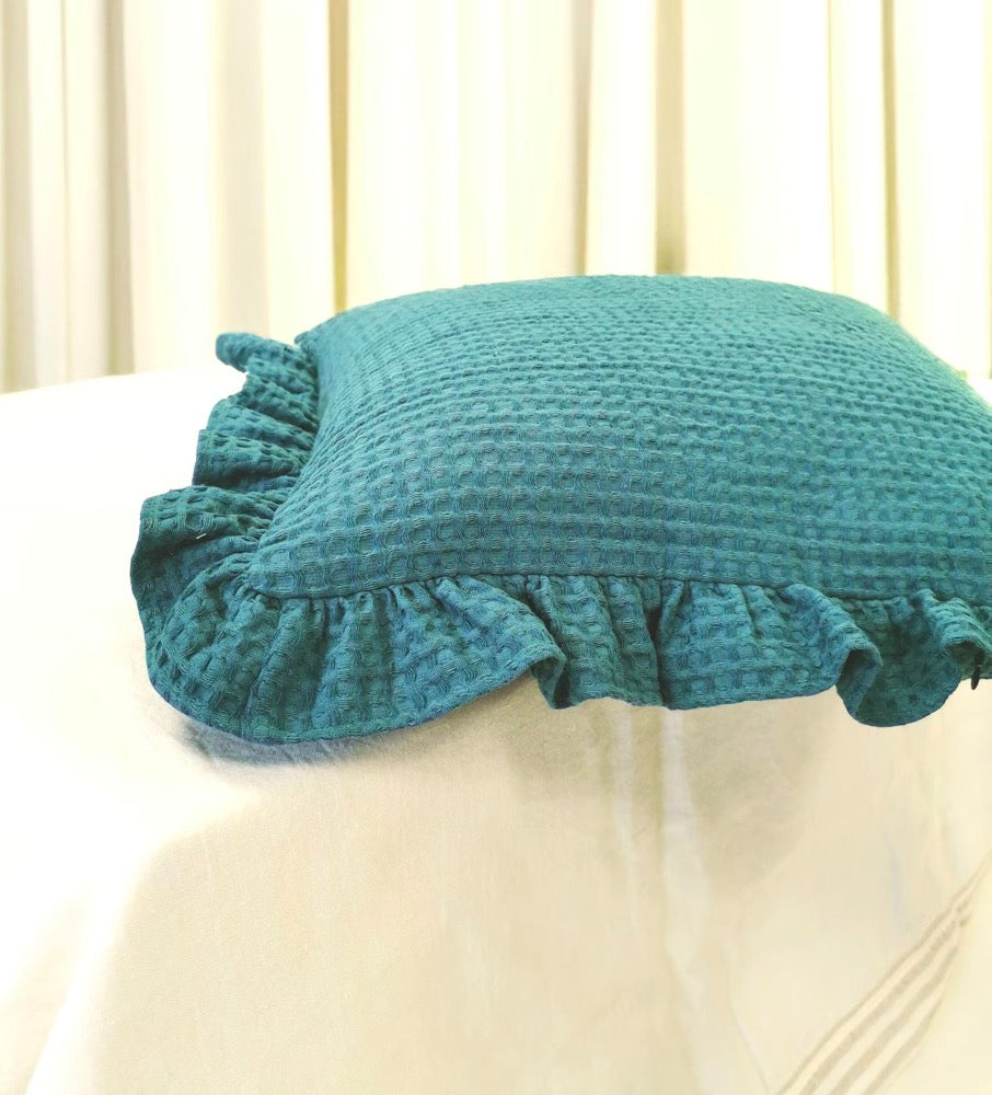 Ruffled Waffle Weave Pillow Cover: Cotton Linen Blend, Rustic Farmhouse Style