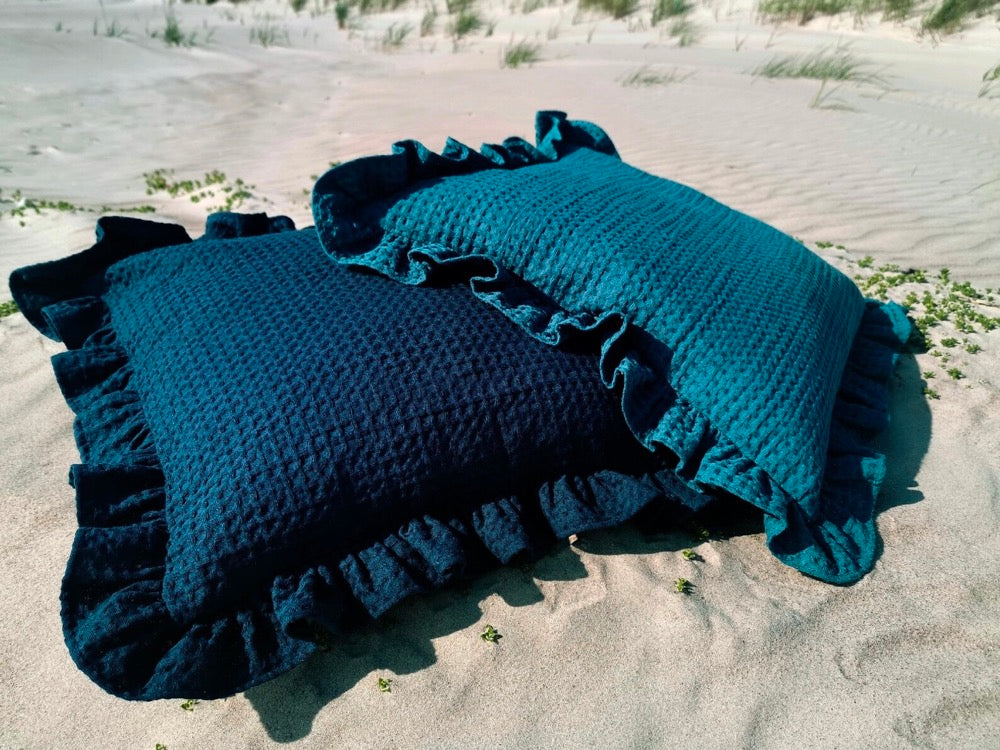 Ruffled Waffle Weave Pillow Cover: Cotton Linen Blend, Rustic Farmhouse Style