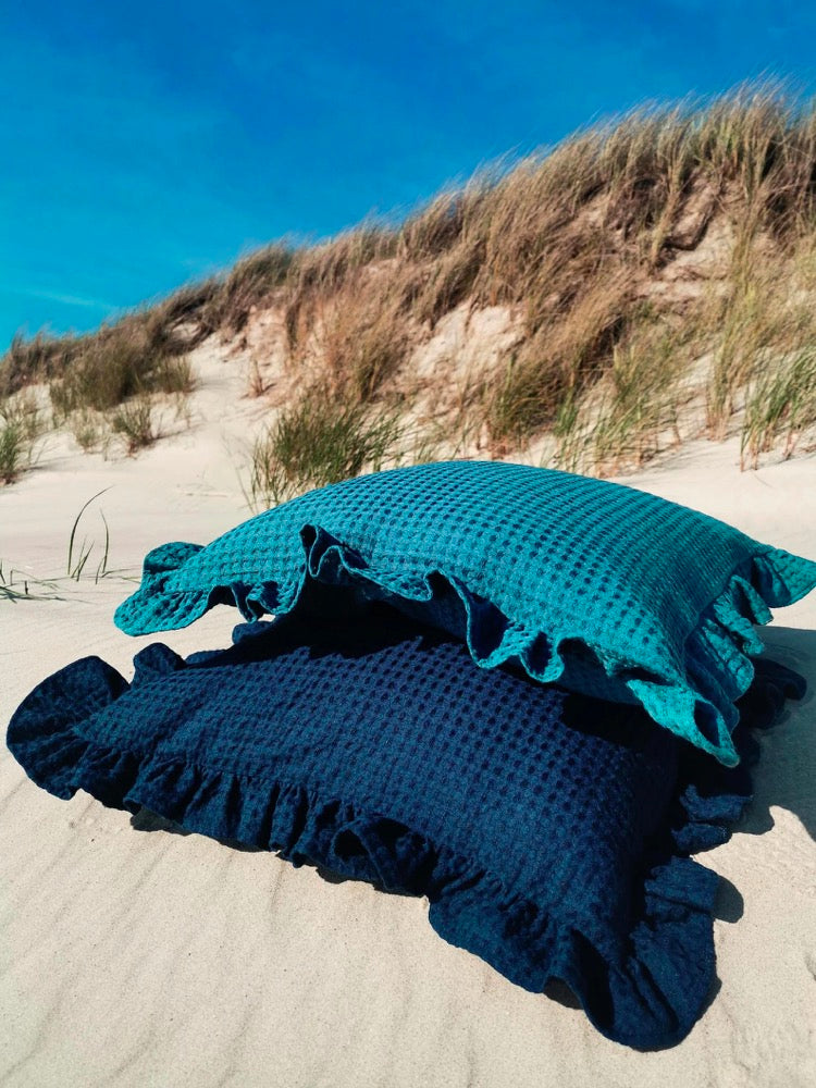 Ruffled Waffle Weave Pillow Cover: Cotton Linen Blend, Rustic Farmhouse Style